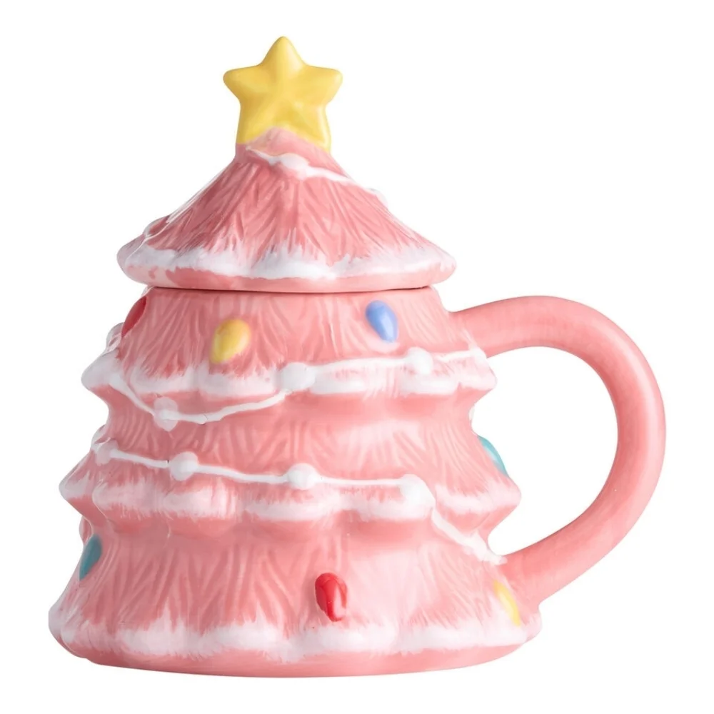 World Market Pink Christmas Tree Lidded Hand Painted Figural Ceramic Mug, NWT